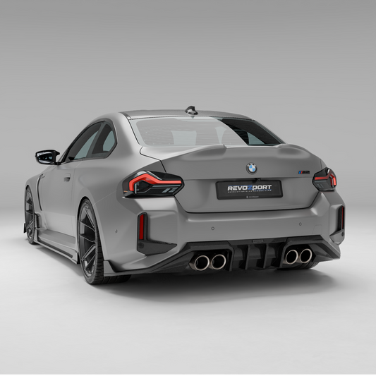Rear view of the BMW M2, featuring a stainless steel exhaust tip