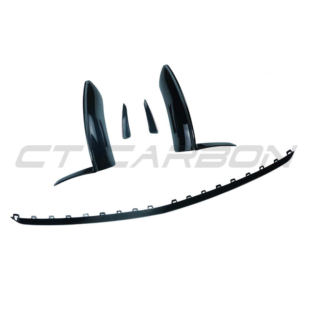 MERCEDES V177 & W177 2023-CURRENT A CLASS GLOSS BLACK SPLITTER AND CANARDS-Splitter-BLAK BY CT-CT Carbon - High-quality carbon fiber and gloss black aerodynamic parts for premium sports and luxury vehicles.