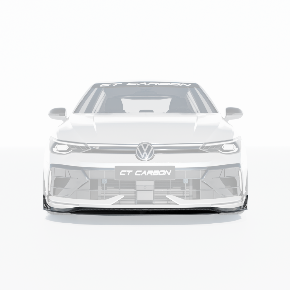 Digital rendering of a CT Carbon fiber front splitter and bumper extensions designed for the VW Golf MK8 R, shown against a white background.