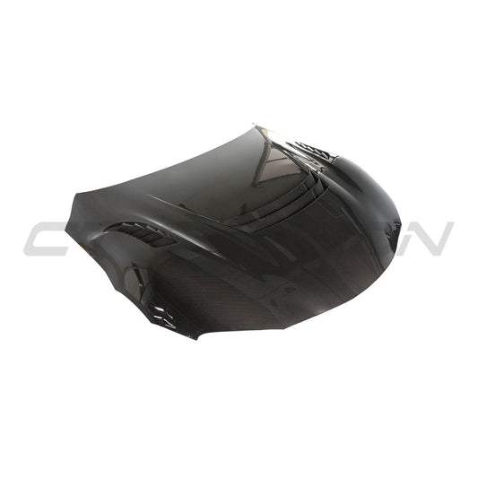 TOYOTA SUPRA 2019+ A90 CARBON FIBRE FRONT HOOD/BONNET-Bonnet-CT CARBON-CT Carbon - High-quality carbon fiber and gloss black aerodynamic parts for premium sports and luxury vehicles.