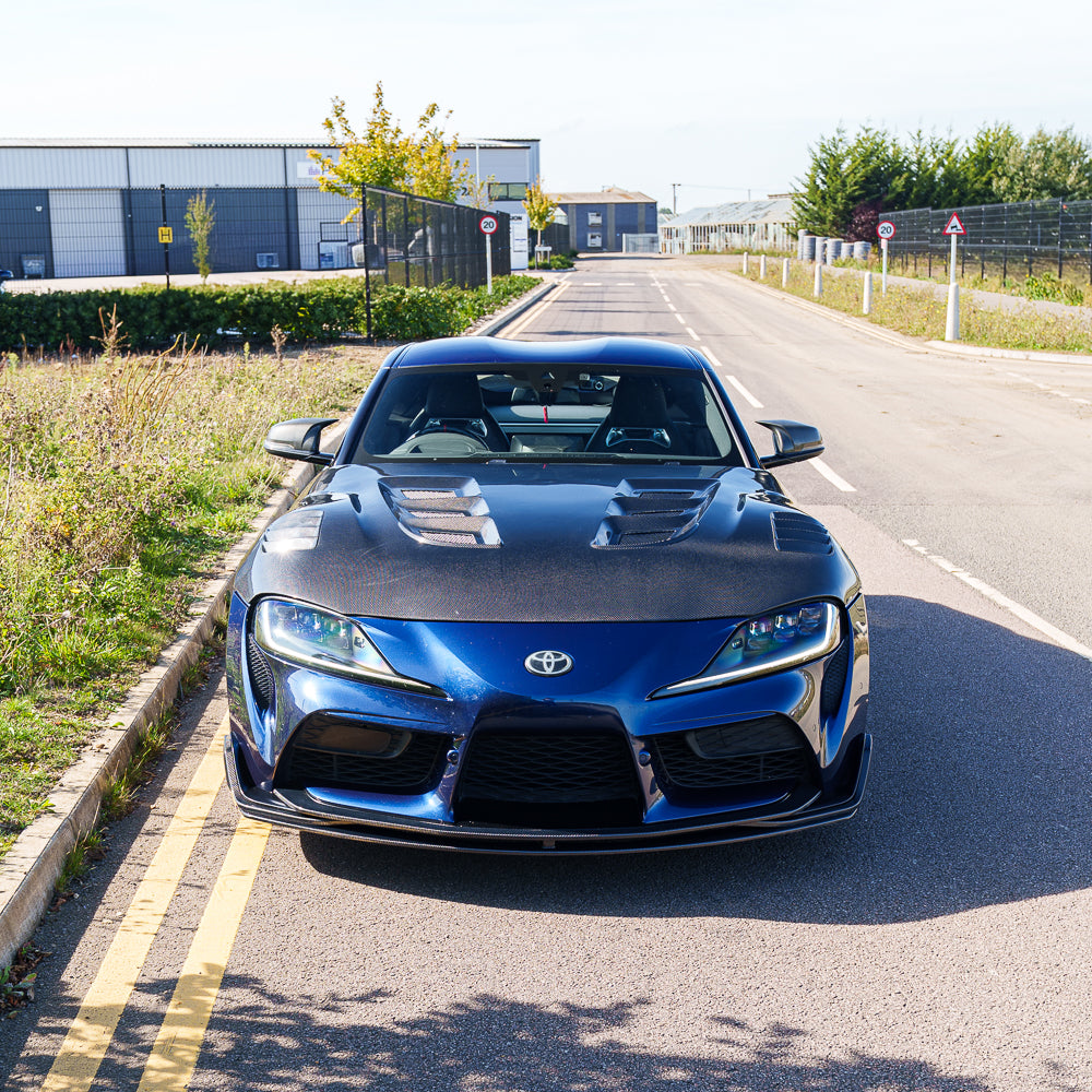 TOYOTA SUPRA 2019+ A90 CARBON FIBRE SPLITTER - V2-Splitter-CT CARBON-CT Carbon - High-quality carbon fiber and gloss black aerodynamic parts for premium sports and luxury vehicles.