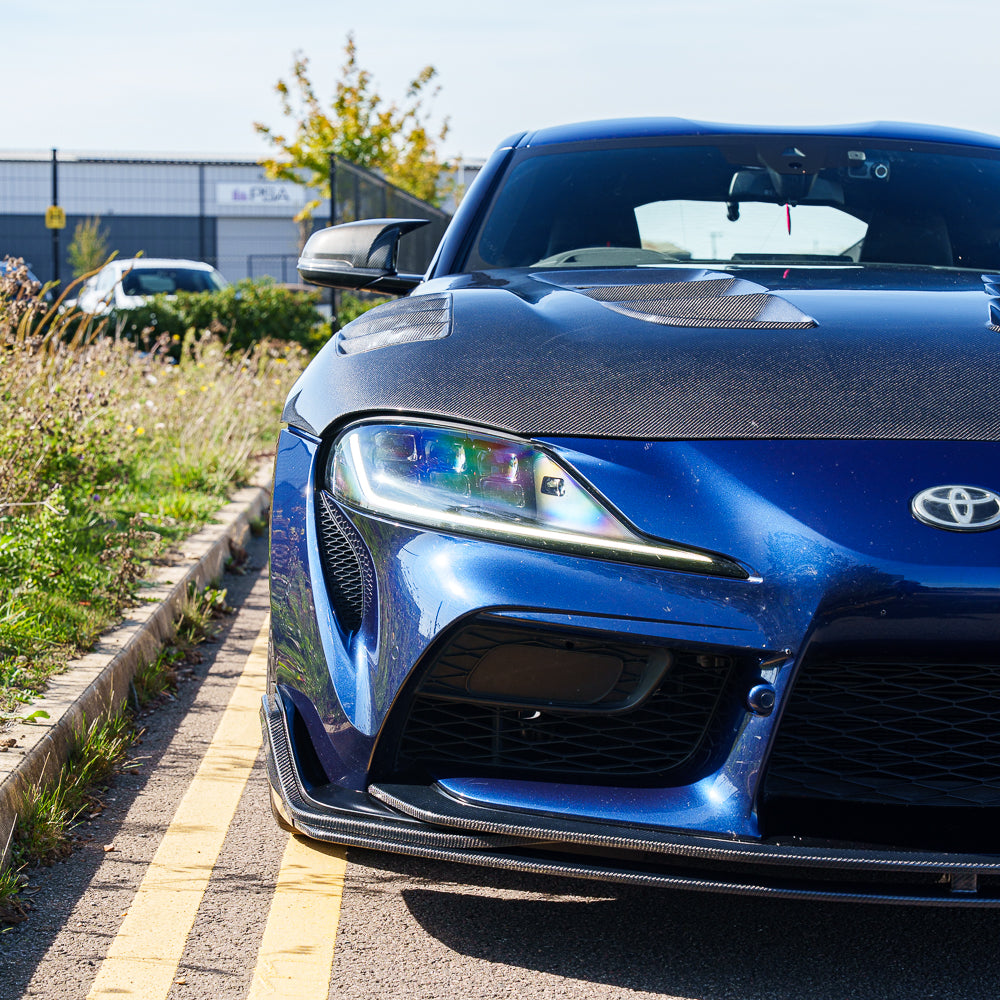 TOYOTA SUPRA 2019+ A90 CARBON FIBRE SPLITTER - V2-Splitter-CT CARBON-CT Carbon - High-quality carbon fiber and gloss black aerodynamic parts for premium sports and luxury vehicles.