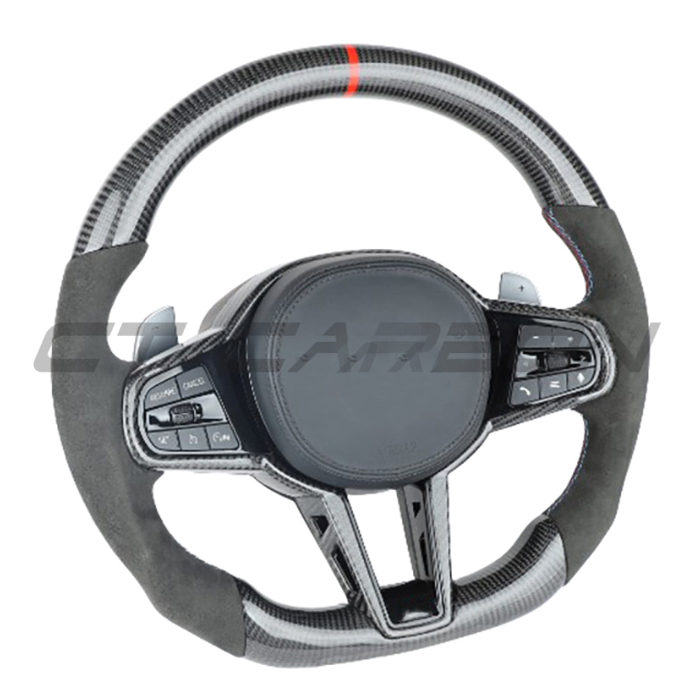 BMW GXX LCI CARBON FIBRE / ALCANTARA FLAT BOTTOM CUSTOM STEERING WHEEL-Custom Steering Wheels-CT CARBON-CT Carbon - High-quality carbon fiber and gloss black aerodynamic parts for premium sports and luxury vehicles.
