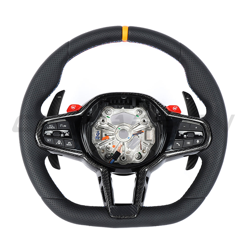 BMW Gxx LCI FULL LEATHER FLAT BOTTOM CUSTOM STEERING WHEEL-Custom Steering Wheels-CT CARBON-CT Carbon - High-quality carbon fiber and gloss black aerodynamic parts for premium sports and luxury vehicles.