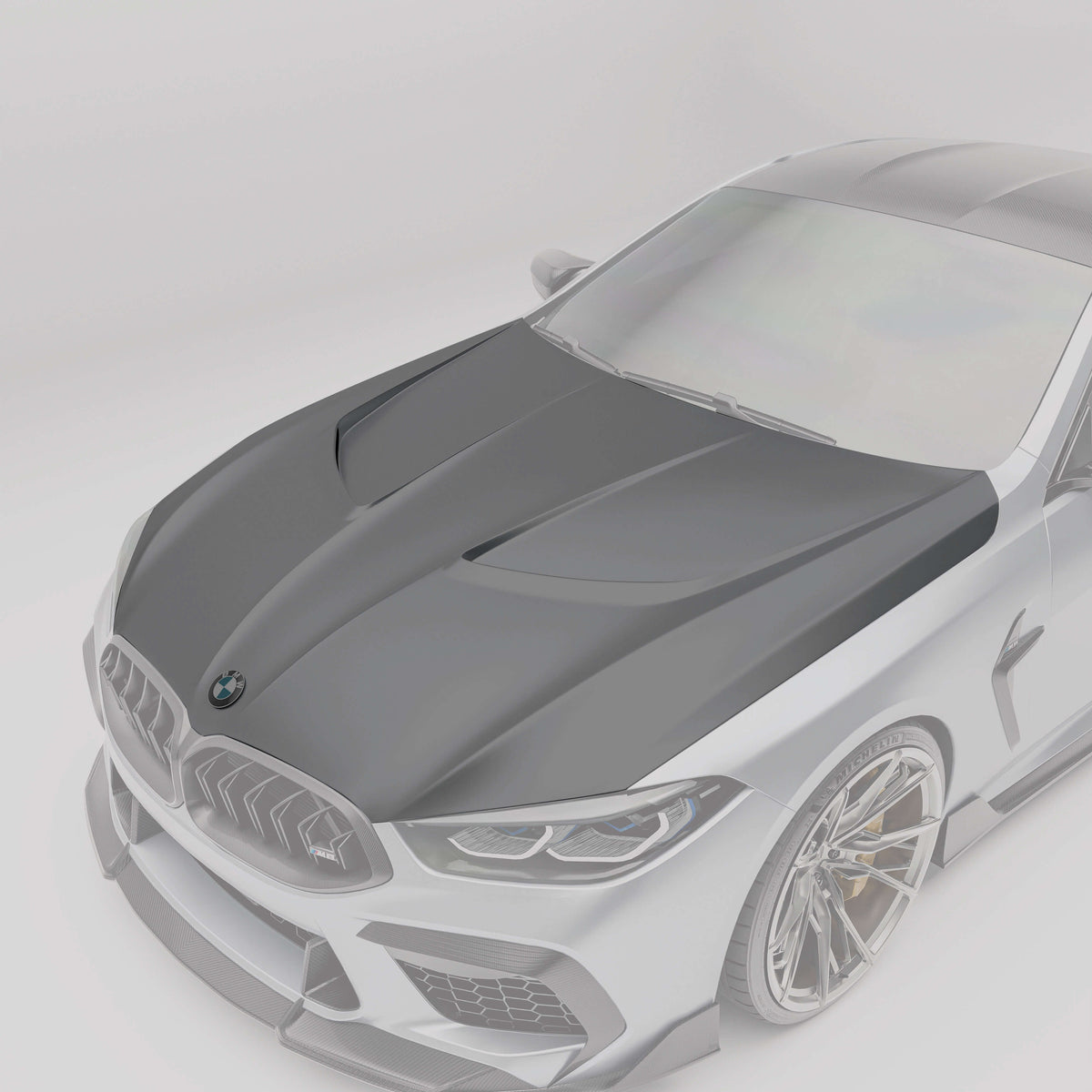 BMW F92 M8 coupe carbon fiber hood close-up with protruding sections