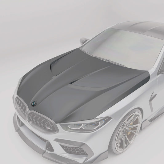 BMW F92 M8 coupe carbon fiber hood close-up with protruding sections