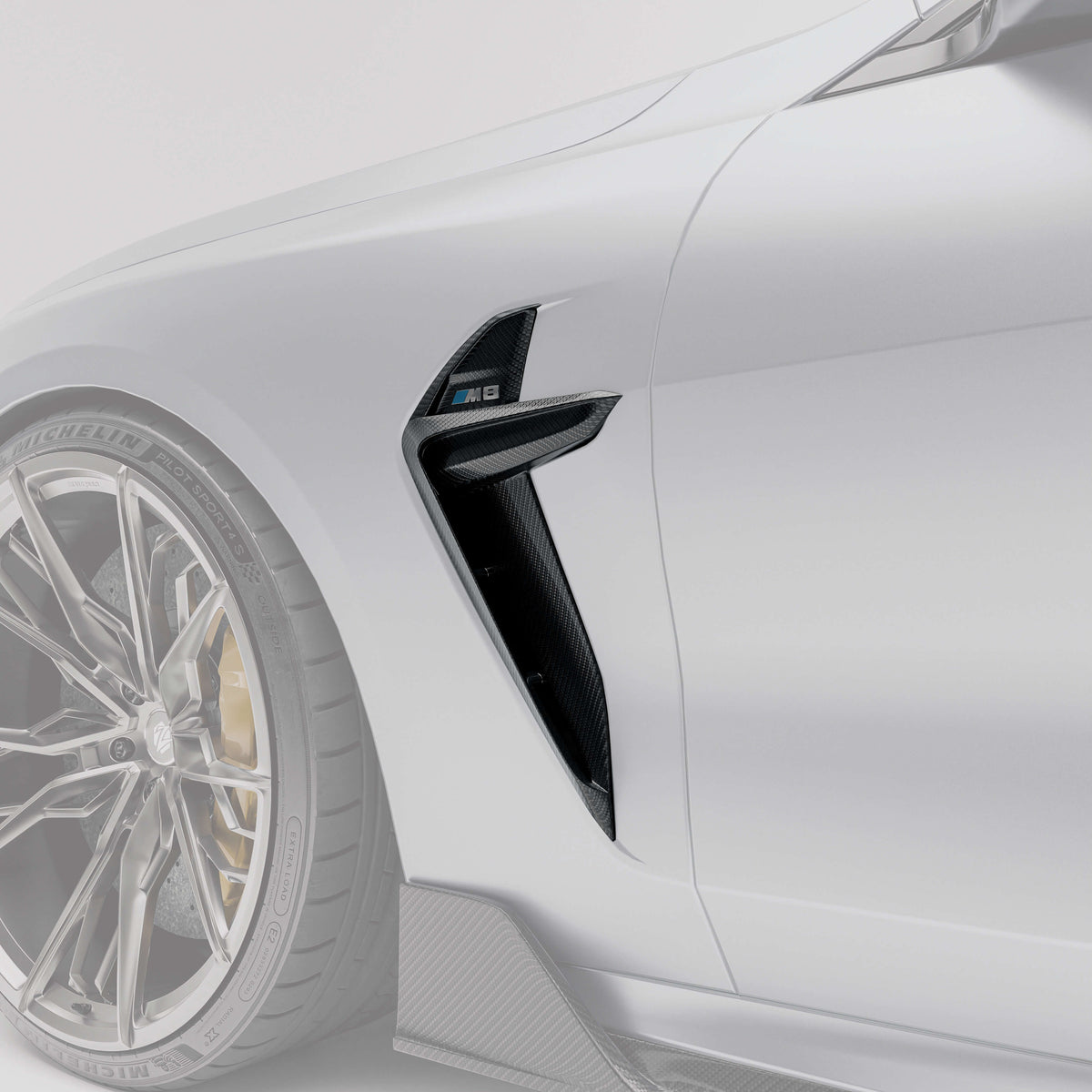 BMW F92 M8 coupe carbon fiber side fenders close-up with protruding sections