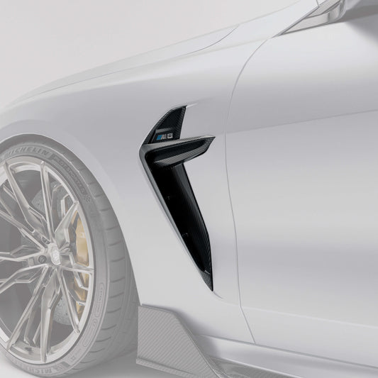 BMW F92 M8 coupe carbon fiber side fenders close-up with protruding sections