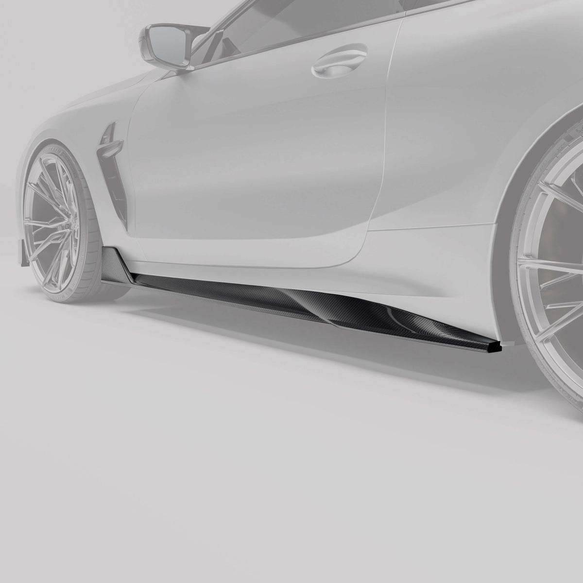 BMW F92 M8 coupe carbon fiber side skirts close-up with protruding sections