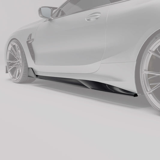BMW F92 M8 coupe carbon fiber side skirts close-up with protruding sections
