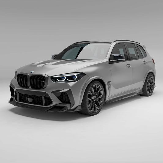 Rendering of the BMW X5M F95 with a full carbon fiber body kit, viewed from the front at a 45-degree angle