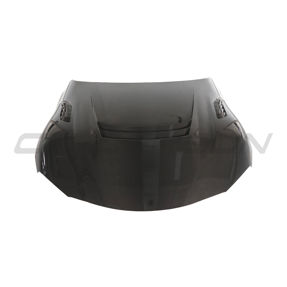 TOYOTA SUPRA 2019+ A90 CARBON FIBRE FRONT HOOD/BONNET-Bonnet-CT CARBON-CT Carbon - High-quality carbon fiber and gloss black aerodynamic parts for premium sports and luxury vehicles.