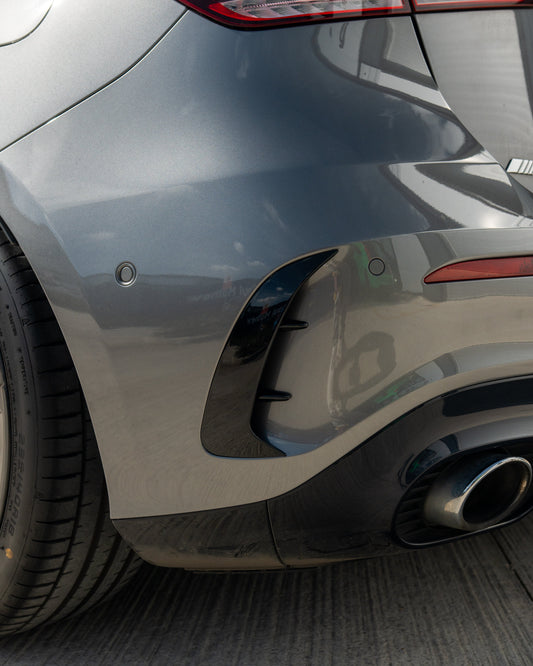 MERCEDES A-CLASS A35 W177 2018+ GLOSS BLACK REAR BUMPER CORNERS-Accessories-BLAK BY CT-CT Carbon - High-quality carbon fiber and gloss black aerodynamic parts for premium sports and luxury vehicles.