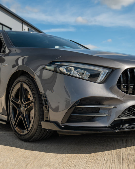 MERCEDES A-CLASS W177 2018-2022 GLOSS BLACK FRONT BUMPER VENTS-Accessories-BLAK BY CT-CT Carbon - High-quality carbon fiber and gloss black aerodynamic parts for premium sports and luxury vehicles.