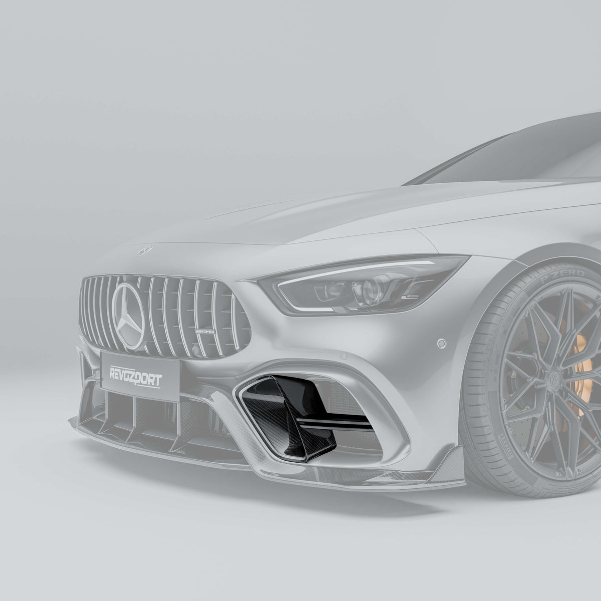 High-gloss rendering highlights the carbon-fiber front bumper air intakes on the AMG GT 63 S