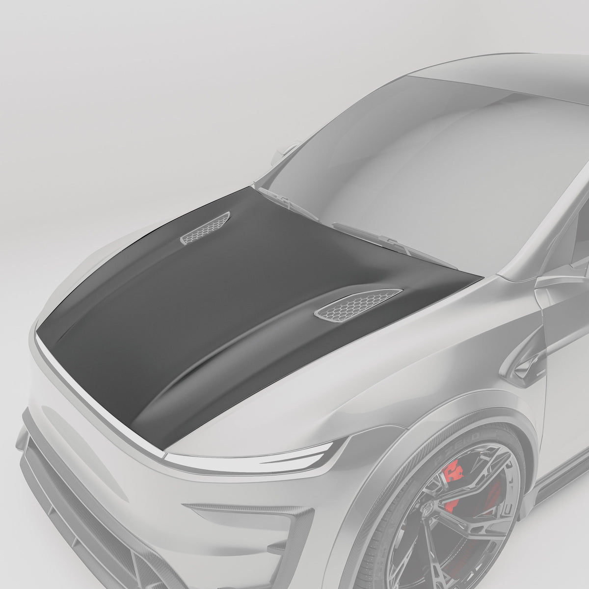 Tesla Model Y Juniper carbon fiber hood front angle